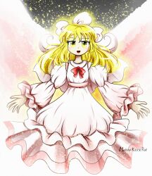 Rule 34 | 1girl, absurdres, ai-generated art (topic), ai-generated touhou, artist name, blonde hair, frilled sleeves, frills, glowing, highres, long hair, long sleeves, looking at viewer, marina killer red, open mouth, original, smile, solo, star (symbol), touhou, yellow eyes