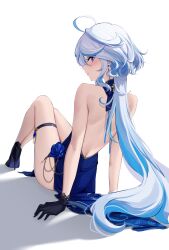 Rule 34 | 1girl, absurdres, ahoge, alternate costume, arm support, backless dress, backless outfit, bare arms, bare back, bare legs, bare shoulders, black footwear, black gloves, blue dress, commentary, dress, earrings, feint721, from behind, furina (genshin impact), genshin impact, gloves, high heels, highres, jewelry, knees up, long hair, looking at viewer, looking back, no headwear, paid reward available, simple background, sitting, sleeveless, sleeveless dress, solo, thigh strap, thighs, very long hair, white background