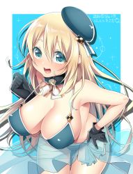 Rule 34 | 10s, 1girl, 2015, :d, adapted costume, atago (kancolle), bikini, black gloves, blonde hair, blush, breasts, covered erect nipples, dated, female focus, gloves, hand on own hip, hat, hattori masaki, huge breasts, kantai collection, large breasts, long hair, looking at viewer, open mouth, sarong, simple background, smile, solo, strap gap, swimsuit, thigh gap