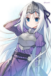 Rule 34 | 1girl, arm behind head, arm up, armor, armored dress, blue eyes, blush, breastplate, breasts, closed mouth, commentary request, dress, eucliwood hellscythe, hair between eyes, hair ribbon, headpiece, juliet sleeves, kore wa zombie desu ka?, long hair, long sleeves, looking at viewer, mauve, parted bangs, puffy sleeves, purple dress, purple ribbon, ribbon, silver hair, simple background, small breasts, solo, striped clothes, striped dress, twitter username, vertical-striped clothes, vertical-striped dress, very long hair, white background