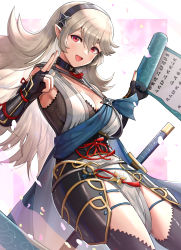 Rule 34 | 1girl, :d, armor, black hairband, breasts, cleavage, commentary request, corrin (female) (fire emblem), corrin (fire emblem), fingerless gloves, fire emblem, fire emblem fates, fire emblem heroes, gloves, gonzarez, hair between eyes, hair ornament, hairband, highres, holding, holding scroll, large breasts, long hair, looking at viewer, ninja, nintendo, official alternate costume, open mouth, pelvic curtain, pointy ears, red eyes, scroll, smile, solo, sword, weapon, white hair