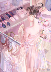 Rule 34 | 1girl, bag, bare shoulders, black hair, dress, handbag, indoors, linzxien, looking at viewer, looking back, open mouth, original, pink eyes, pink theme, shoes, short hair, solo, standing, undressing, updo, wardrobe