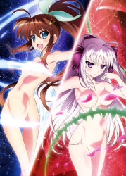Rule 34 | 2girls, absurdres, ahoge, artist request, blue eyes, blush, breasts, brown hair, closed mouth, convenient censoring, fuuka reventon, hair ribbon, highres, large breasts, long hair, looking at viewer, lyrical nanoha, multiple girls, navel, nude, nyantype, official art, open mouth, petal censor, petals, plant, ponytail, purple eyes, ribbon, rinne berlinetta, sidelocks, silver hair, smile, vines, vivid strike!