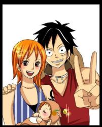 Rule 34 | 1boy, 1girl, baby, black eyes, black hair, blush, couple, family, hat, if they mated, long hair, lowres, monkey d. luffy, nami (one piece), one piece, orange hair, pirate, short hair, smile, tattoo