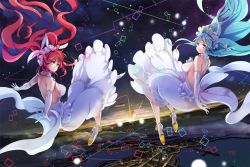Rule 34 | 2girls, backless dress, backless outfit, blue eyes, blue hair, breasts, dress, elbow gloves, gloves, hinabita, hopper, large breasts, long hair, looking at viewer, looking back, multiple girls, red hair, shinonome kokona, shinonome natsuhi, siblings, sisters, sky, smile, sound voltex, twins, very long hair