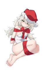 Rule 34 | 1girl, aningay, arms behind back, bare legs, bare shoulders, barefoot, blush, breasts, closed mouth, collarbone, fur-trimmed headwear, fur trim, green eyes, grey hair, hair between eyes, half-closed eyes, hat, highres, leotard, long hair, medium breasts, original, red hat, red ribbon, ribbon, santa hat, simple background, soles, solo, strapless, strapless leotard, thick eyebrows, very long hair, white background, white leotard