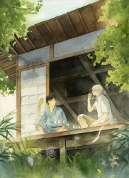 Rule 34 | 2boys, amber t, architecture, black hair, blue kimono, brown pants, character request, chinese commentary, collared shirt, day, drinking, east asian architecture, from below, ginko, grass, hand fan, highres, holding, holding fan, house, japanese clothes, kimono, looking at another, male focus, multiple boys, mushi (mushishi), mushishi, outdoors, painting (medium), pants, plant, shirt, short hair, short sleeves, sitting, traditional media, tree, watercolor (medium), white hair, white shirt