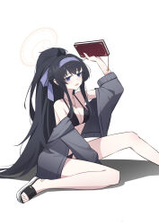 Rule 34 | 1girl, absurdres, arm up, bags under eyes, between legs, bikini, black bikini, black footwear, black hair, blue archive, book, breasts, brown halo, cleavage, foot out of frame, full body, grey jacket, hair intakes, hairband, halo, hand between legs, high ponytail, highres, hitomi (tongshou), holding, holding book, jacket, jewelry, knee up, light frown, long hair, long sleeves, looking at viewer, medium breasts, midriff, multicolored footwear, necklace, off shoulder, on floor, open mouth, ponytail, purple eyes, purple hairband, sidelocks, sitting, slippers, swimsuit, toes, ui (blue archive), ui (swimsuit) (blue archive), very long hair, wavy mouth, white footwear