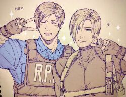 Rule 34 | 2boys, absurdres, an chovy, bara, bulletproof vest, capcom, closed eyes, closed mouth, collared shirt, copyright name, dual persona, fingerless gloves, gloves, highres, holster, holstered, knife sheath, large pectorals, leon s. kennedy, male focus, multiple boys, muscular, muscular male, open mouth, pectorals, resident evil, resident evil 2, resident evil 2 (remake), resident evil 4, resident evil 4 (remake), sheath, shirt, short hair, shoulder holster, smile, upper body, v