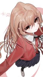 Rule 34 | 1girl, aisaka taiga, black ribbon, black thighhighs, blazer, blue skirt, brown eyes, brown hair, character name, closed mouth, collared shirt, commentary request, donut 335, foreshortening, from above, highres, jacket, long hair, long sleeves, looking at viewer, looking up, neck ribbon, oohashi high school uniform, partial commentary, pleated skirt, red jacket, ribbon, school uniform, shirt, simple background, skirt, smile, solo, standing, thighhighs, toradora!, translated, white background, white shirt