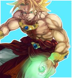 Rule 34 | 1boy, angry, aqua eyes, broly (dragon ball z), bruise, dragon ball, dragonball z, earrings, energy ball, halu-ca, highres, injury, jewelry, legendary super saiyan, male focus, muscular, necklace, scar, scar on stomach, simple background, solo, spiked hair, super saiyan, super saiyan 1, teeth