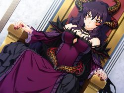 Rule 34 | 1girl, bare shoulders, benimura karu, breasts, bunny black, cleavage, demon, dress, game cg, horns, jewelry, large breasts, long hair, looking at viewer, nail polish, necklace, purple hair, single horn, sitting, throne, yellow eyes