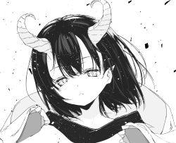 Rule 34 | 1girl, closed mouth, commentary request, curled horns, daitai sotogawa (futomomo), demon horns, fingerless gloves, frown, gloves, greyscale, hair between eyes, hands up, head tilt, highres, holding, horns, monochrome, original, shawl, short hair, simple background, solo, white background
