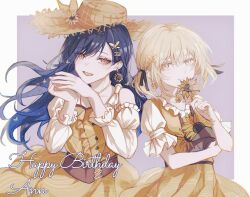 Rule 34 | 2girls, azusawa kohane, black ribbon, blonde hair, blue hair, border, brown eyes, brown headwear, butterfly hair ornament, buttons, character name, closed mouth, commentary, cross-laced clothes, cursive, dark blue hair, dress, earrings, flower, flower earrings, frilled sleeves, frills, gold earrings, hair ornament, hair ribbon, hairclip, happy birthday, hat, hat flower, highres, holding, holding flower, jewelry, long hair, long sleeves, looking at viewer, makino chisato, multiple girls, open mouth, orange dress, orange eyes, ornate border, project sekai, puffy short sleeves, puffy sleeves, purple background, ribbon, shiraishi an, short hair, short sleeves, short twintails, simple background, single bare shoulder, smile, sun hat, sunflower, twintails, upper body, white border, white sleeves