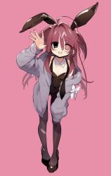 1girl ahoge animal_ears bandaid bandaid_on_leg blush breasts bunny_day commentary detached_collar fake_animal_ears fangs full_body hair_intakes hand_on_own_knee hand_up hashtag-only_commentary heart heart_in_eye heterochromia high_heels highres hood hood_down hoodie kmnk_(kumanuko) leotard long_hair mole mole_on_breast necktie off_shoulder open_mouth original pantyhose pink_background pink_eyes playboy_bunny rabbit_ears red_eyes red_hair sleeve_bow small_breasts solo symbol_in_eye two_side_up undone_necktie