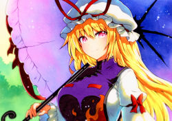 Rule 34 | 1girl, blonde hair, blurry, blush, bow, breasts, closed mouth, day, depth of field, dress bow, hair between eyes, hat, hat ribbon, highres, holding, holding umbrella, juliet sleeves, large breasts, light particles, light smile, long hair, long sleeves, looking at viewer, mob cap, outdoors, pink eyes, puffy sleeves, qqqrinkappp, red bow, red ribbon, ribbon, solo, tabard, touhou, traditional media, umbrella, upper body, white hat, yakumo yukari