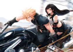 Rule 34 | 1boy, 1girl, arm guards, armor, bare shoulders, black gloves, black hair, black skirt, black thighhighs, blonde hair, blue eyes, breasts, buster sword, cloud strife, commentary, crop top, elbow gloves, english commentary, final fantasy, final fantasy vii, final fantasy vii remake, fingerless gloves, floating hair, gloves, hands on another&#039;s waist, highres, holding, holding sword, holding weapon, huge weapon, large breasts, long hair, low-tied long hair, motion blur, motor vehicle, motorcycle, parted lips, red eyes, riding, serious, shoulder armor, sitting, skirt, spiked hair, spykeee, sweater, swept bangs, sword, tank top, thighhighs, tifa lockhart, turtleneck, turtleneck sweater, twitter username, watermark, weapon, white tank top