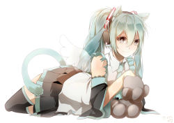Rule 34 | 10s, 1girl, 2014, absurdres, animal ears, animal hands, black eyes, cat ears, cat tail, dated, detached sleeves, fang, green hair, hatsune miku, headphones, highres, lying, necktie, shiimai, skirt, smile, solo, tail, thighhighs, twintails, vocaloid, white background, wings