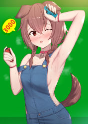 Rule 34 | 1girl, ;o, alternate costume, animal ears, arm up, armpits, bare arms, bare shoulders, blush, braid, breasts, brown hair, collar, commentary request, dog ears, dog girl, dog tail, green background, highres, holding, hololive, inugami korone, joy-con, looking at viewer, naked overalls, one eye closed, open mouth, overalls, red eyes, sideboob, simple background, small breasts, solo, speech bubble, spoken number, strap slip, sweat, tail, twin braids, uneg, virtual youtuber, wristband