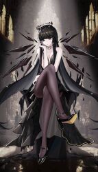 Rule 34 | 1girl, alternate costume, arknights, black dress, black eyes, black footwear, black hair, black pantyhose, blunt bangs, breasts, cleavage, closed mouth, commentary request, crossed legs, detached wings, dress, energy wings, evening gown, full body, halo, hand on own cheek, hand on own face, high heels, highres, indoors, jewelry, long hair, looking at viewer, medium breasts, minuolin, necklace, pantyhose, sitting, sleeveless, sleeveless dress, smile, solo, spotlight, very long hair, virtuosa (arknights), wings