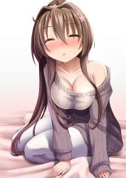 Rule 34 | 1girl, bare shoulders, blush, breasts, brown hair, brown sweater, cherry blossoms, cleavage, collarbone, closed eyes, flower, full body, hair flower, hair ornament, highres, imminent kiss, kantai collection, large breasts, long hair, looking at viewer, narashika asuka, off-shoulder, off-shoulder sweater, off shoulder, pants, ponytail, ribbed sweater, sitting, solo, sweater, white pants, yamato (kancolle)