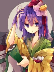 Rule 34 | &gt;:o, 1girl, :o, blush, book, book stack, flower, hair flower, hair ornament, hieda no akyuu, holding, holding own hair, japanese clothes, kimono, long hair, long sleeves, looking at viewer, nikorashi-ka, off shoulder, one-hour drawing challenge, purple eyes, purple hair, scroll, solo, touhou, upper body, v-shaped eyebrows, wide sleeves