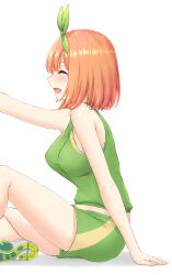 1girl absurdres arm_support bare_arms bare_shoulders blush bow_hairband bra bra_peek breasts closed_eyes commentary_request facing_ahead from_side go-toubun_no_hanayome green_hairband green_shirt green_shorts hairband highres inanaki_shiki medium_breasts midriff_peek nakano_yotsuba open_mouth orange_hair outstretched_arm shadow shirt shoes short_hair shorts simple_background sitting sleeveless sleeveless_shirt smile solo underwear white_background