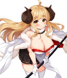 Rule 34 | 1girl, ahoge, anila (granblue fantasy), black skirt, blonde hair, blush, breasts, brown horns, cape, cleavage, closed mouth, commentary request, cowboy shot, curled horns, daichi (tokoya), fur cape, gloves, granblue fantasy, highres, horns, large breasts, leaning forward, long hair, looking at viewer, medium bangs, red cape, ribbon-trimmed skirt, ribbon trim, sidelocks, simple background, skirt, smile, solo, thick eyebrows, thighhighs, two-sided cape, two-sided fabric, white background, white cape, white gloves, white thighhighs, yellow eyes