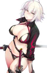 Rule 34 | 1girl, ahoge, bad id, bad twitter id, bikini, black bikini, black choker, black gloves, black jacket, breasts, choker, cleavage, collarbone, commentary request, cropped jacket, fate/grand order, fate (series), gloves, hair between eyes, jacket, jeanne d&#039;arc alter (swimsuit berserker) (fate), jeanne d&#039;arc (fate), jeanne d&#039;arc (swimsuit archer) (fate), jeanne d&#039;arc alter (fate), jeanne d&#039;arc alter (swimsuit berserker) (fate), katana, kurowa, large breasts, long hair, o-ring, o-ring bikini, o-ring bottom, o-ring top, parted lips, shrug (clothing), simple background, solo, swimsuit, sword, thigh strap, weapon, white background, white hair, yellow eyes