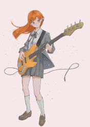 Rule 34 | 1girl, absurdres, asymmetrical bangs, bass guitar, blazer, brown eyes, brown footwear, closed mouth, collared shirt, expressionless, floating hair, full body, grey jacket, grey skirt, hadukiam, highres, instrument, jacket, kneehighs, light particles, loafers, long hair, long sleeves, looking to the side, mole, mole under eye, music, orange hair, original, pink background, playing instrument, pleated skirt, school uniform, shirt, shirt tucked in, shoes, skirt, socks, solo, standing, white shirt, white socks, wire