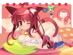 Rule 34 | ahoge, animal ears, bell, blue eyes, blush, breast press, breasts, camisole, cat ears, cat tail, cleavage, collar, copyright name, gagraphic, green hair, large breasts, long hair, lying, mini person, minigirl, mouse ears, one eye closed, panties, pillow, pink hair, red hair, short hair, sikorsky, sleepy, strap slip, swimsuit, tail, underwear, uniform, wallpaper, watermark, web address