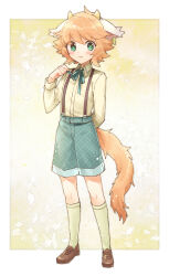 Rule 34 | 1boy, animal ears, arms behind back, border, brown footwear, child, collared shirt, full body, green eyes, green shorts, hand up, highres, horns, kneehighs, loafers, looking at viewer, male focus, mikan tabetai, neck ribbon, orange hair, outside border, ribbon, selen (show by rock!!), sheep boy, sheep ears, sheep horns, shirt, shoes, short hair, shorts, show by rock!!, smile, socks, solo, standing, suspender shorts, suspenders, tail, white border, yellow background, yellow shirt, yellow socks