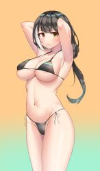 Rule 34 | 1girl, armpits, arms up, bad id, bad pixiv id, bare arms, bikini, black bikini, black hair, blush, breasts, brown background, cleavage, collarbone, commentary, cowboy shot, deaver, dot nose, girls&#039; frontline, gloves, gradient background, hands in hair, heterochromia, highres, large breasts, long hair, looking at viewer, multicolored hair, multiple girls, navel, ponytail, red eyes, ro635 (girls&#039; frontline), side-tie bikini bottom, solo, standing, stomach, streaked hair, striped bikini, striped clothes, swimsuit, thighs, two-tone hair, wavy mouth, white hair, yellow eyes