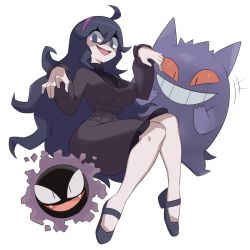 Rule 34 | 1girl, 2others, @ @, ahoge, alternate breast size, arms up, black footwear, black hair, breasts, colored sclera, creatures (company), dress, fangs, flowers-imh, frilled dress, frills, full body, game freak, gastly, gen 1 pokemon, gengar, grin, hair between eyes, headband, hex maniac (pokemon), highres, large breasts, laughing, long hair, looking at viewer, mary janes, messy hair, midair, multiple others, nintendo, open mouth, pencil dress, pokemon, pokemon (creature), pokemon xy, purple dress, purple eyes, purple headband, red sclera, shoes, simple background, sitting, slit pupils, smile, tail, turtleneck, very long hair, white background