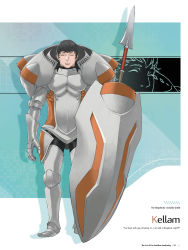 Rule 34 | 1boy, absurdres, armor, character name, closed eyes, closed mouth, fire emblem, fire emblem awakening, full armor, full body, gauntlets, greaves, highres, holding, kellam (fire emblem), kozaki yuusuke, male focus, nintendo, official art, page number, polearm, shield, short hair, simple background, solo, spear, standing, weapon