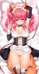 Rule 34 | 1girl, absurdres, animal ear fluff, animal ears, apron, arm up, bare shoulders, black dress, blush, breasts, brown thighhighs, cleavage, closed mouth, collarbone, dress, fate/extra, fate (series), fox ears, fox girl, fox shadow puppet, fox tail, frills, hair between eyes, highres, large breasts, licking lips, long hair, looking at viewer, lying, maid headdress, official alternate costume, on back, open mouth, panties, pillow, pink hair, red ribbon, ribbon, shouu-kun, sidelocks, smile, solo, tail, tamamo (fate), tamamo no mae (fate/extra), tamamo no mae (tailmaid strike) (fate), thighhighs, tongue, tongue out, twintails, underwear, waist apron, white apron, white panties, yellow eyes
