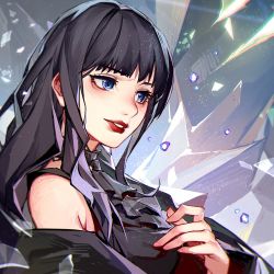 Rule 34 | 1girl, bare shoulders, black dress, black hair, blue eyes, blunt bangs, choker, crow0cc, crystal, detached sleeves, dress, final fantasy, final fantasy xiv, frilled choker, frills, gaia (ff14), hand on own chest, highres, hyur, long hair, parted lips, red lips, solo, wide sleeves