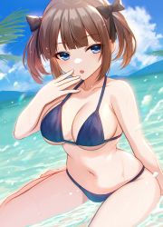 Rule 34 | 1girl, bare legs, barefoot, bikini, blue bikini, blue eyes, blue sky, blunt bangs, breasts, brown hair, cleavage, collarbone, commentary request, day, hair ribbon, hand to own mouth, highres, hoshimiya aki, lens flare, looking at viewer, medium breasts, navel, ocean, open mouth, original, outdoors, palm tree, partially submerged, ribbon, short twintails, sitting, sky, solo, swimsuit, tree, twintails, underboob, wariza, water drop