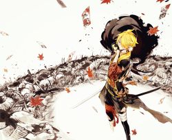 Rule 34 | 10s, 1boy, armor, arrow (projectile), bandages, battlefield, black gloves, blonde hair, bruise, falling leaves, gloves, hair over one eye, hand on own face, holding, holding sword, holding weapon, injury, japanese clothes, karasmo, katana, leaf, long hair, low ponytail, male focus, maple leaf, outdoors, planted, planted arrow, planted sword, planted weapon, ponytail, rope, scar, sheath, shishiou (touken ranbu), shishiou no mofumofu, solo, solo focus, standing, sword, torn clothes, touken ranbu, weapon