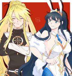 Rule 34 | 2girls, ahoge, animal ears, artoria pendragon (all), artoria pendragon (fate), artoria pendragon (swimsuit ruler) (fate), belt, black hair, blonde hair, breasts, cleavage, cleopatra (fate), cosplay, costume switch, crossed arms, detached collar, earrings, closed eyes, fake animal ears, fate/grand order, fate (series), green eyes, highres, jewelry, large breasts, long hair, multiple girls, navel, necktie, pantyhose, pendant, playboy bunny, ponytail, rabbit ears, smile, very long hair, wrist cuffs