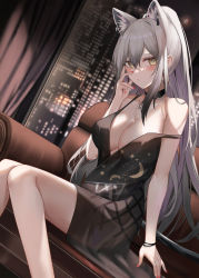 Rule 34 | 1girl, alternate costume, animal ear fluff, animal ears, arknights, black choker, black dress, blush, breasts, brown eyes, cat ears, cat girl, cat tail, chinese commentary, choker, cleavage, closed mouth, commentary request, couch, crescent print, curtains, dress, earrings, feet out of frame, hand on own face, highres, hoop earrings, indoors, jewelry, large breasts, long hair, looking at viewer, nail polish, necklace, night, on couch, print dress, red nails, ru zhai, schwarz (arknights), silver hair, sitting, sleeveless, sleeveless dress, solo, strap slip, tail, very long hair