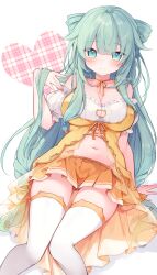 Rule 34 | 1girl, bare shoulders, blue eyes, blush, breasts, cleavage, closed mouth, collarbone, commentary request, commission, detached sleeves, fukunoki tokuwa, green hair, hand up, heart, highres, indie virtual youtuber, kasou musume pima, knees together feet apart, large breasts, looking at viewer, nail polish, navel, orange skirt, pink nails, plaid, pleated skirt, puffy short sleeves, puffy sleeves, shadow, short sleeves, simple background, skeb commission, skirt, smile, solo, twitter username, virtual youtuber, white background, white sleeves