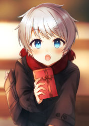 Rule 34 | 1boy, :o, absurdres, backpack, bag, blue eyes, blurry, blurry background, blush, box, brown coat, child, coat, commentary, gift, gift box, highres, holding, holding gift, leaning forward, looking at viewer, male focus, open mouth, original, randoseru, red scarf, scarf, shino (shino1028), short hair, silver hair, solo, sunlight, upper body, valentine, winter clothes, winter coat