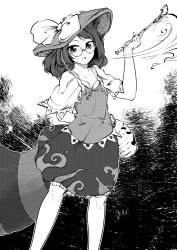 Rule 34 | 0-den, 1girl, animal ears, blowing smoke, bow, collarbone, futatsuiwa mamizou, glasses, gourd, greyscale, hat, hat bow, highres, holding, holding smoking pipe, kiseru, leaf, leaf on head, looking at viewer, monochrome, raccoon ears, raccoon tail, smoking pipe, solo, tail, touhou, triangle mouth