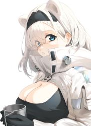 Rule 34 | 1girl, absurdres, animal ears, arknights, aurora (arknights), bear ears, black gloves, black hairband, black shirt, blue eyes, breasts, cleavage, commentary, cup, gloves, hair over one eye, hairband, highres, holding, holding cup, large breasts, long hair, long sleeves, looking at viewer, mug, parted lips, radioneet, shirt, shrug (clothing), simple background, solo, upper body, white background, white hair