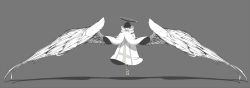 Rule 34 | 10s, 1boy, alternate costume, angel, angel wings, black hair, boots, closed eyes, colored skin, covered mouth, feathers, floating, full body, grey background, halo, hands in opposite sleeves, high collar, highres, limited palette, long sleeves, male focus, matsuno jyushimatsu, monochrome, osomatsu-kun, osomatsu-san, osomatsu (series), own hands together, shadow, silentcity, simple background, sleeves past wrists, solo, spot color, spread wings, white skin, white wings, wide sleeves, wings
