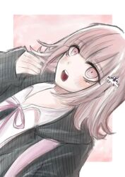 1girl collared_shirt danganronpa_(series) danganronpa_2:_goodbye_despair hair_ornament hand_up highres jacket long_sleeves medium_hair nanami_chiaki neck_ribbon open_mouth pink_ribbon ribbon shirt shiruboru solo spaceship_hair_ornament teeth two-tone_shirt upper_teeth_only