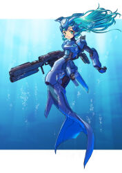 Rule 34 | 1girl, aqua eyes, aqua hair, armor, border, finger on trigger, fins, full body, gun, holding, holding gun, holding weapon, long hair, looking at viewer, mecha musume, mermaid, monster girl, original, rifle, science fiction, solo, tsune (dreamers express), underwater, weapon, white border