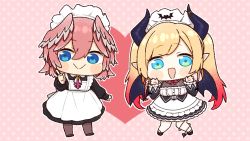 Rule 34 | 2girls, :&gt;, apron, black footwear, blonde hair, blue eyes, chibi, demon girl, demon horns, demon tail, demon wings, gradient hair, hair between eyes, head wings, heart, highres, hololive, horns, knees together feet apart, looking at viewer, maid, maid apron, maid headdress, multicolored hair, multiple girls, okunin, open mouth, outstretched hand, pantyhose, pink background, pink hair, pointing, pointy ears, polka dot, polka dot background, red hair, smile, swept bangs, tail, tail around own leg, takane lui, virtual youtuber, wings, yuzuki choco, yuzuki choco (maid)