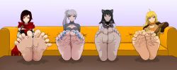 Rule 34 | 4girls, absurdres, barefoot, blake belladonna, blue nails, embarrassed, feet, foot focus, happy, highres, incredibly absurdres, leaning forward, multiple girls, nail polish, presenting, red nails, ruby rose, rwby, sad, sitting, smile, soles, spread legs, toe scrunch, toenail polish, toenails, toes, weiss schnee, yang xiao long, yellow nails
